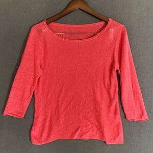 Eileen Fisher Top Womens Size S/M Coral 100% Organic Linen 3/4 Sleeve Loose Knit
